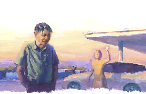 woman waving to man at a gas station