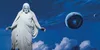 Christus statue in front of universe mural