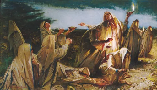 A painting by Walter Rane showing five women with lit lamps and five without, begging for help.