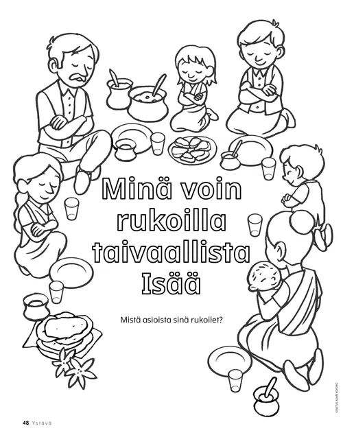 Värityssivu perheestä rukoilemassa aterialla