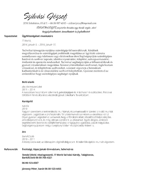 gyenge önéletrajz példája