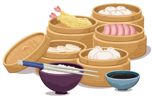 This image is a close up of the food. Spot illustrations of various Hong Kong landmarks, a number of neon signs featuring Chinese letters, and dim sum.