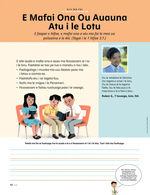 Itulau PDF o tamaiti o loo faitauina tusitusiga paia i le Peraimeri, faaopoopo i ai ma laina mo se gaoioiga tusitusi