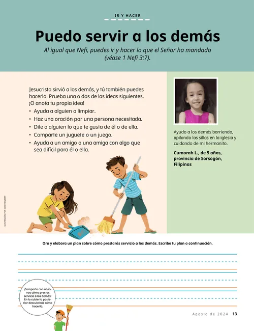 Página en PDF con una ilustración de dos niños barriendo el piso; además de líneas para escribir un plan de servicio