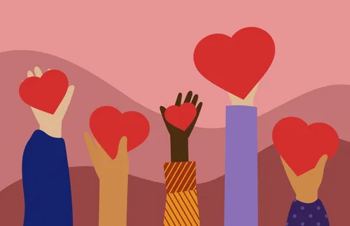 illustration of hands holding hearts