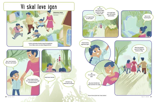 PDF-side med en tegneseriehistorie om en familie, der besøger en kirkegård