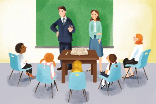 Panel 1 Panel story about paying tithing called “Tithing Pie”. 12 spot illustrations detailing a conversation taking place between a primary teacher and his students.