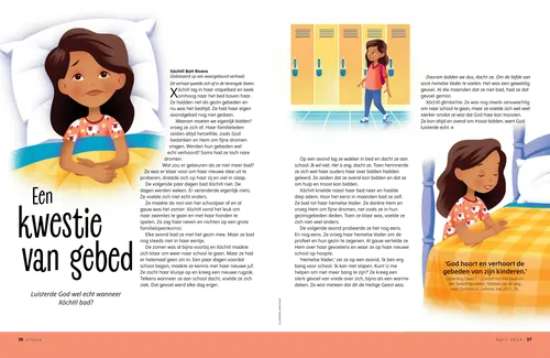 Pdf met illustraties van een meisje dat wakker in bed ligt, langs kluisjes op school loopt en bij haar bed neerknielt om te bidden