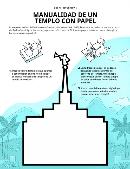 Página en PDF con ilustración del contorno de un templo e instrucciones para hacer una manualidad de papel rasgado