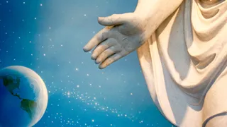 Hand of Christus statue, against creation mural at the Mesa Arizona Temple Visitors' Center. (horiz)
