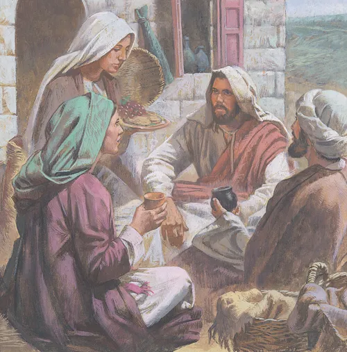 Jesus eating with Mary, Martha, and Lazarus