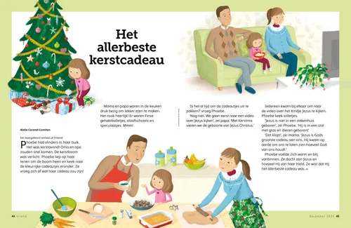 Pdf met illustraties van een meisje dat naar cadeautjes onder een kerstboom kijkt, het meisje dat samen met haar ouders in de keuken bezig is, en het meisje dat samen met haar ouders televisie kijkt