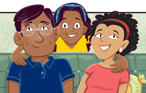 Panel 7 of 12 Two page spread for the Margo and Paolo comic.  1. Margo and Paolo riding a bike. 2. Margo and Paolo standing in front of a map. 3. An elderly woman with an envelope. 4. Margo and Paolo smiling at each other.  5. Paolo reading a letter. 6. Margo and Paolo. 7. Margo and Paolo with their grandmother. 8. Margo and Paolo with their friends. 9. Margo and Paolo playing with friends. 10. Margo with a parrot. 11. Margo and Paolo doing art. 12. Margo and Paolo explaining something.