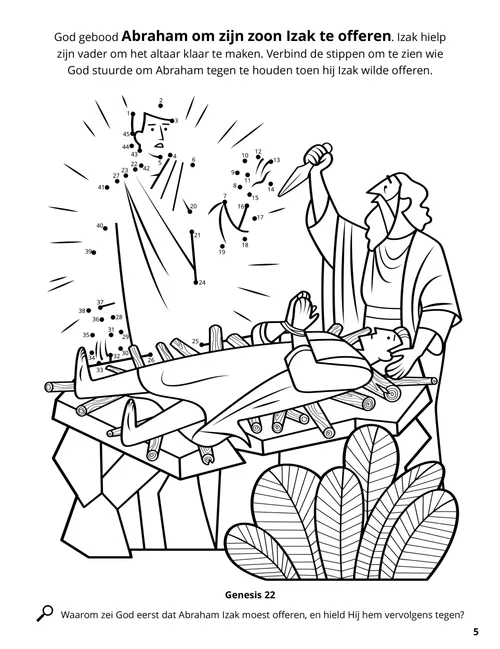 Pdf-pagina met kleurplaat van Abraham die op het punt staat om Izak te offeren, plus een activiteit Van stip tot stip