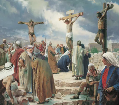 The Crucifixion, by Harry Anderson (62505); GAK 230; GAB 57; Primary manual 1-59; Primary manual 2-61; Primary manual 3-71; Primary manual 4-11; Primary manual 6-27; Primary manual 7-33; Psalm 22:16; Matthew 27:31–50; Mark 15:20–37; Luke 23:33–46; John 19:16–37; 1 Nephi 19:10; 2 Nephi 5; 6:9; 10:3; 25:13; Mosiah 3:9; 15:7