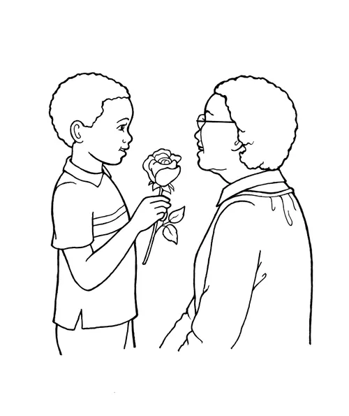 A black-and-white illustration of a boy with curly hair and a striped shirt giving a rose to an elderly woman.
