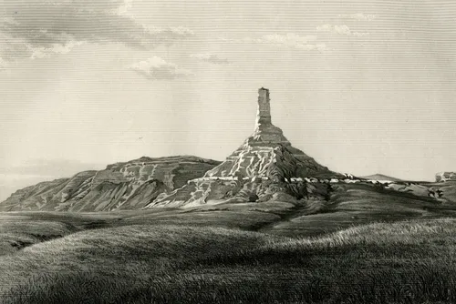 A steel engraving of Chimney Rock by Frederick Hawkins Piercy.