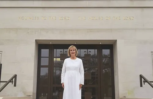 Sandy Beck in front of temple