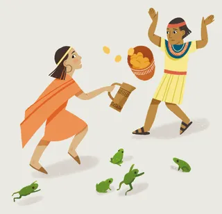 Illustration of people from ancient Egypt running away from frogs