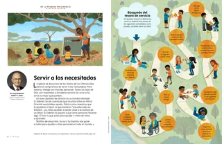 Un sendero sinuoso con niños haciendo cosas amables por el camino