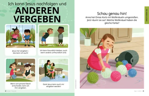 PDF: Zwei Kinder auf Schaukeln, ein Junge ist gemein zu einem anderen Jungen, ein Kind gibt einem anderen Kind einen Spielzeuglaster, ein Mädchen erzählt seiner Mutter, dass es eine Vase zerbrochen hat