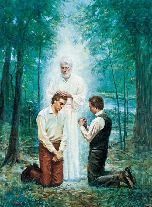 A painting by Del Parson of John the Baptist as an angel standing and conferring the Aaronic Priesthood on Joseph Smith, who is kneeling next to Oliver Cowdery.