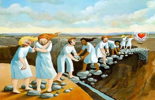 people making a bridge across a chasm