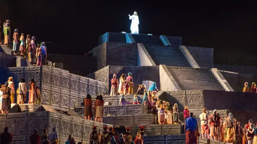 Jesus Christ appearing to the people in ancient America as presented through the Hill Cumorah Pageant.