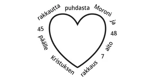 sydämen ääriviivat sekä pyhien kirjoitusten viite Moroni 7:45–48 ja sen keskeinen ilmaus sydämen ympärillä satunnaisessa järjestyksessä