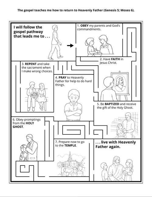 Coloring page for the 2022 Come, Follow Me for Primary. The gospel teaches me how to return to Heavenly Father (Genesis 5; Moses 6).