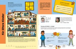 Artikel (PDF) mit einem Rätsel mit verschiedenen Räumen in einem Gemeindehaus, einem Sudoku und einem Jungen und einem Mädchen mit einem traurigen und einem fröhlichen Gesicht