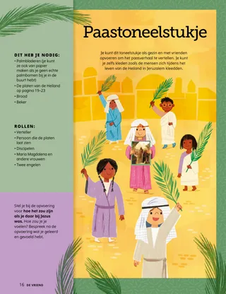 Pdf met illustratie van kinderen gekleed in Bijbelse kleding die palmtakken vasthouden
