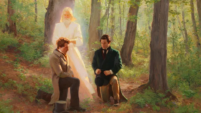 John the Baptist laying his hands on a kneeling Joseph Smith conferring the Aaronic Priesthood on him.  Oliver Cowdery is kneeling with him. They are in a grove of trees.