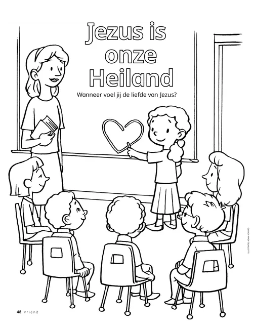 Kleurplaat van een leerkracht en kinderen in een jeugdwerkklas en een kind tekent een hart op het bord