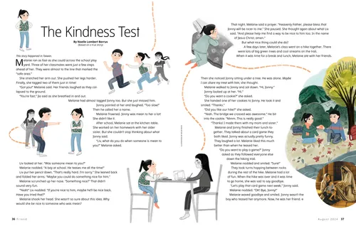 Page PDF with illustrations of children playing tag, a girl praying, and a boy and a girl eating together under a tree