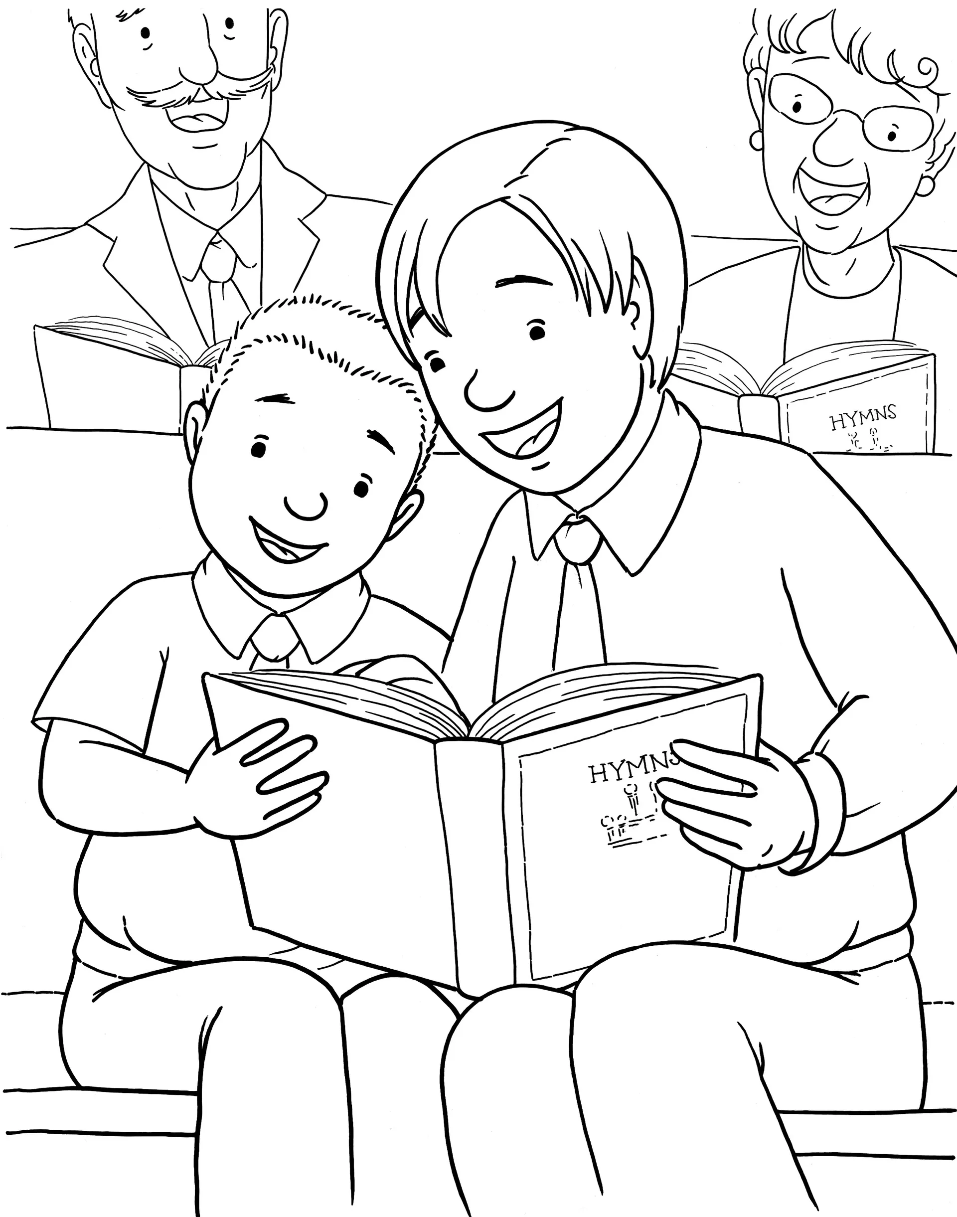 Two brothers sit together in a pew at church and sing from a hymnbook.