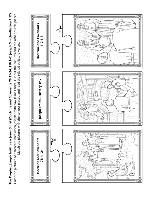 Line art illustration depicts three events in life of Joseph Smith that require children to cut and piece together with proper scripture reference.