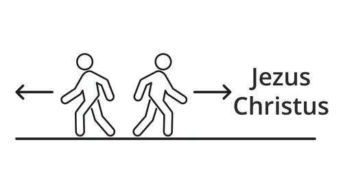 twee poppetjes, het ene loopt weg van Jezus Christus en het andere loopt naar Hem toe
