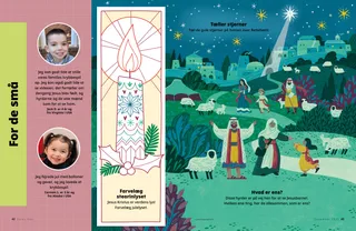 PDF-side med en farvelægningsaktivitet med stearinlys, en tælleaktivitet og aktivitet med hyrder i Betlehem