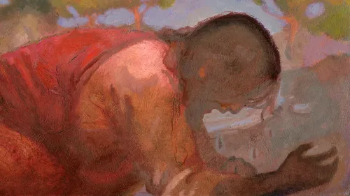 oil painting of Jesus bent in prayer in the garden of Gethsemane