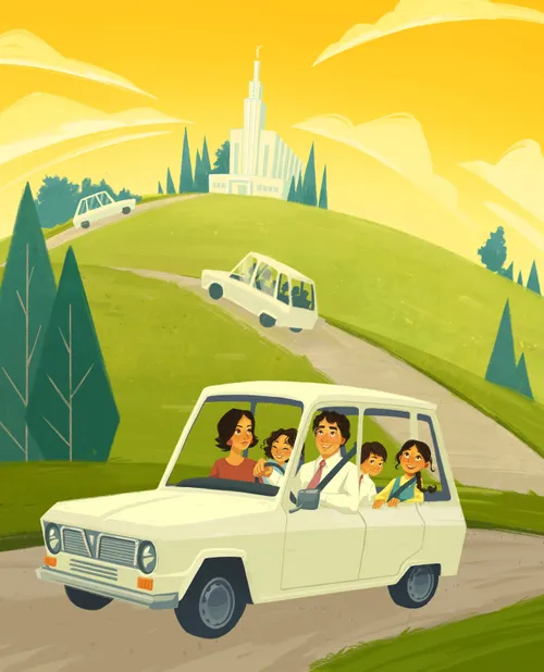 Family driving away from the temple