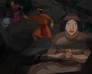 it is still dark, people help each other through a broken building, and a person cries and prays