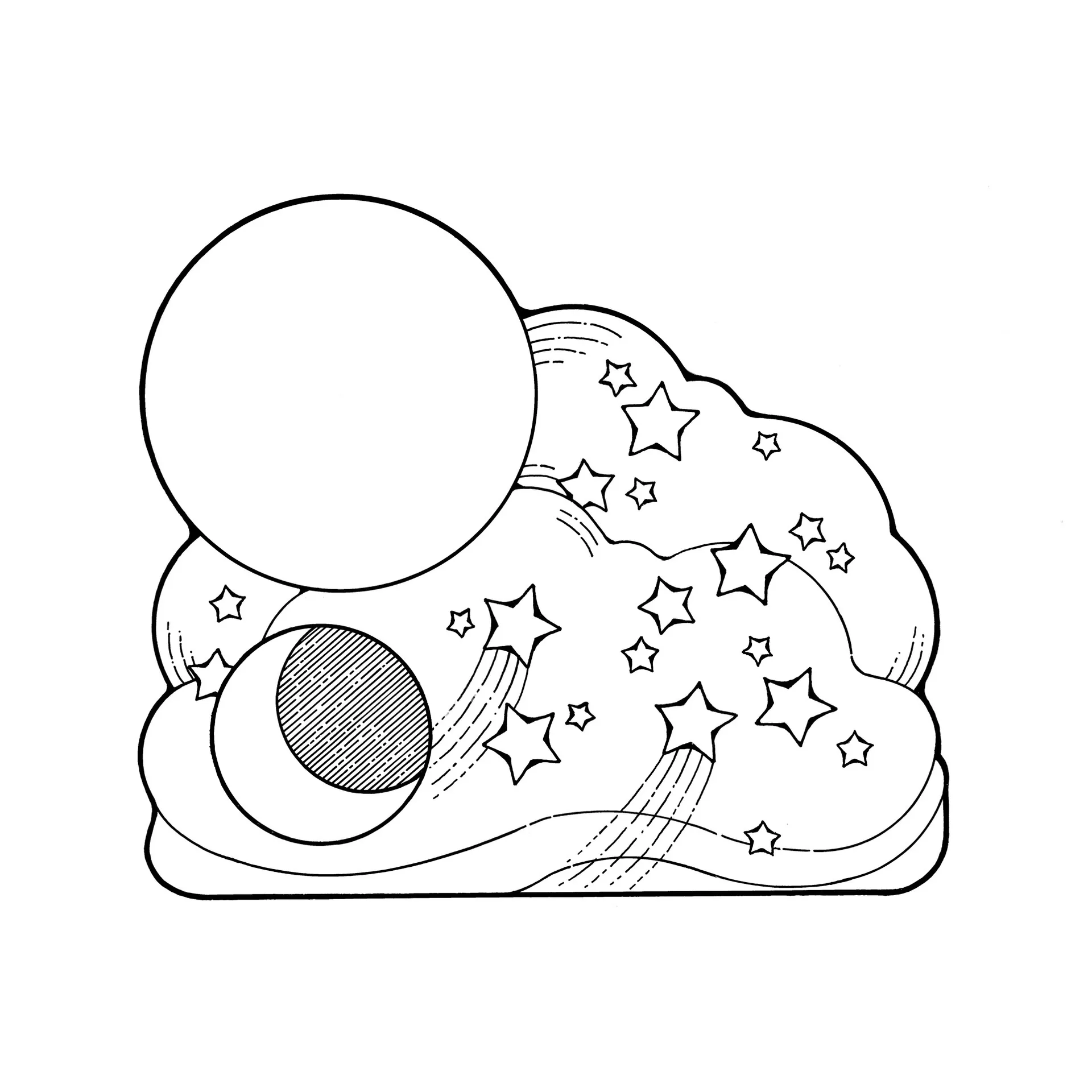 An illustration of the sun, moon, and stars.