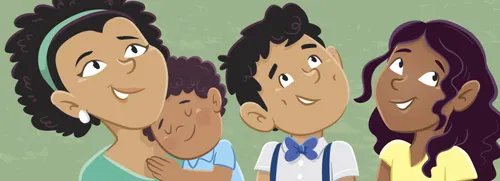 Mother, boy, and girl smiling