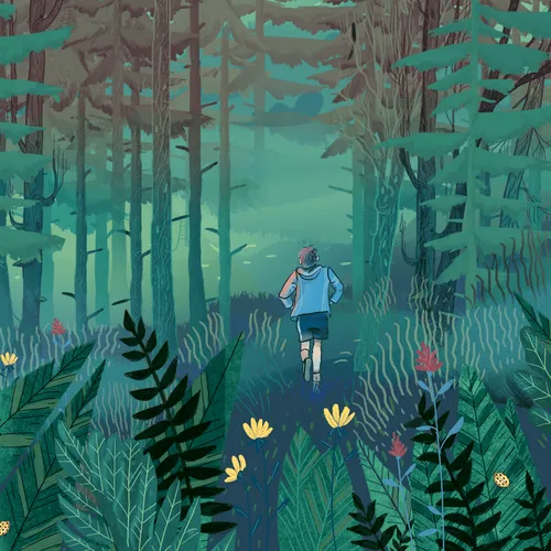 man running through forest