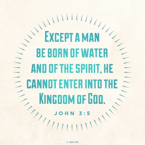 The words of John 3:5 in blue text bordered by a circle on a cream background.