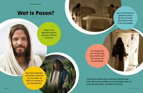 Pdf met afbeeldingen van Jezus Christus die glimlacht, bidt in de hof van Gethsémané, het lege graf, en de herrezen Jezus die aan Maria verschijnt