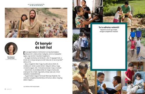 Kép, amelyen Jézus Krisztus élelemmel teli kosarakat tart, valamint képek másoknak segítő gyermekekről