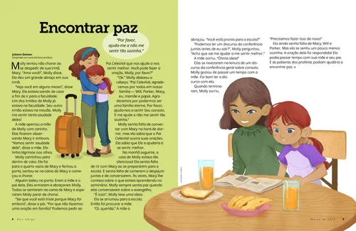 Página em PDF com ilustrações de uma menina abraçando a irmã mais velha e a menina sentada com sua mãe durante o desjejum, lendo uma revista