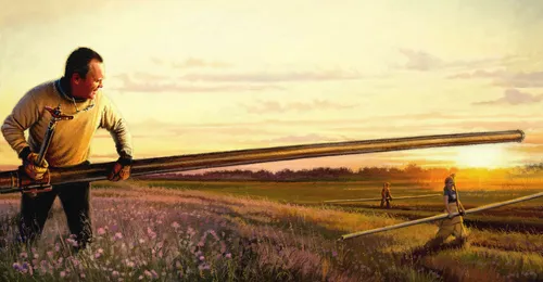 men and young woman moving irrigation pipe